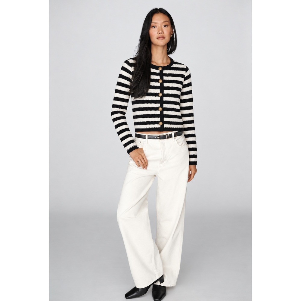 Mango MNG Striped Knit Cardigan Gold Crest Button Sweater Black White XS
